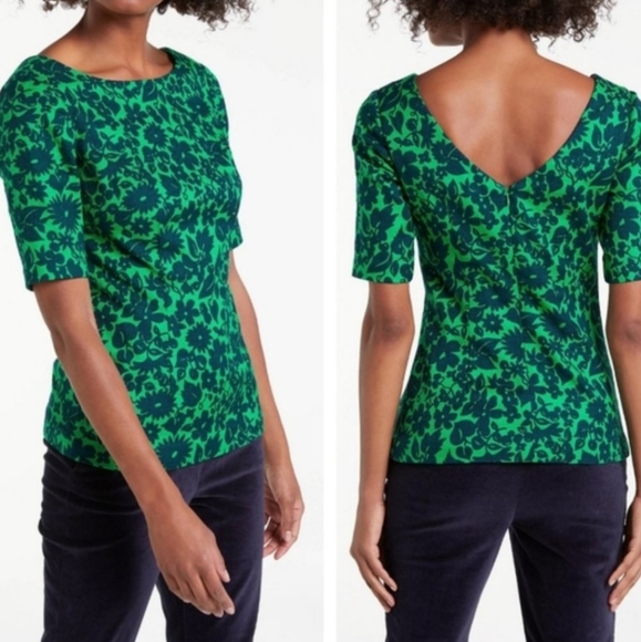 Boden Fleur Fitted Highland Green Navy Shadow Floral Half Sleeve V-Back Top 14 - Picture 1 of 16